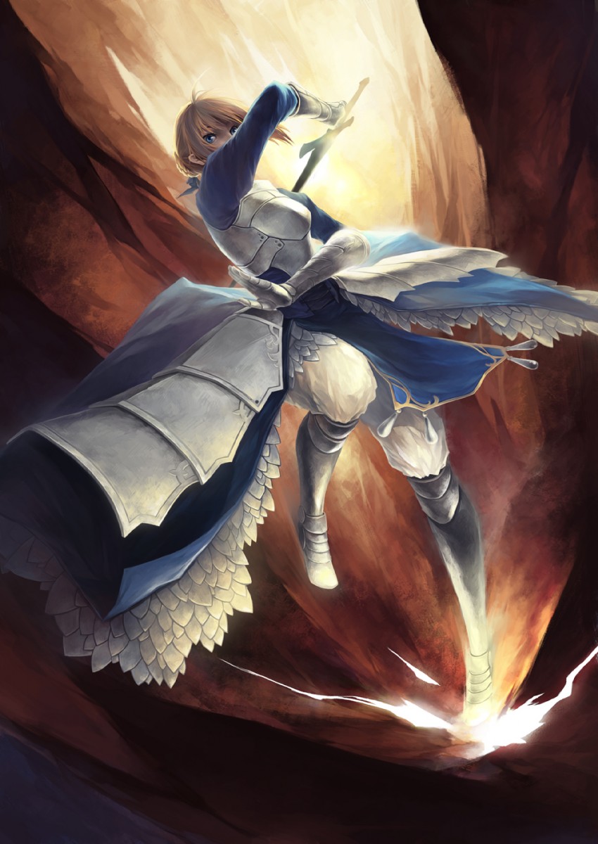 armor, blonde_hair, bloomers, blue_eyes, boots, braid, fate/stay_night, gauntlets