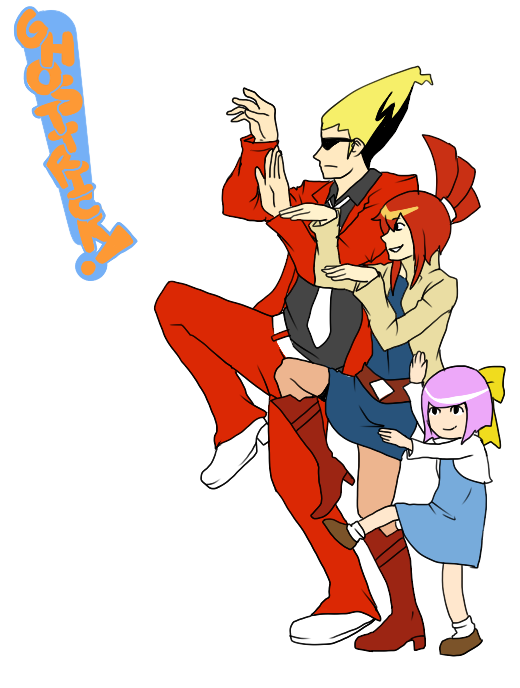 1boy, 2girls, blonde_hair, ghost_trick, kanon_(ghost_trick), lynne, parody, pompadour