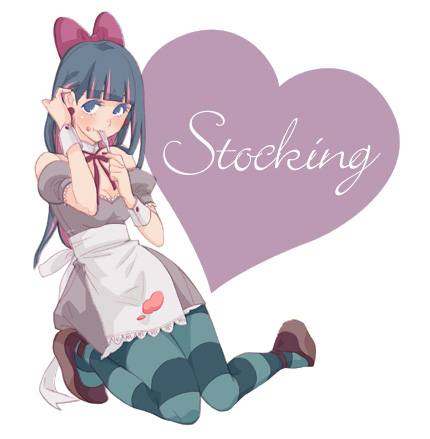 adjusting_hair, apron, bad_id, blue_eyes, bow, dress, eating, ginandtonic, hair_bow, heart, long_hair, lowres, multicolored_hair, panty_&amp;_stocking_with_garterbelt, solo, stocking_(psg), striped, striped_legwear, thighhighs, two-tone_hair