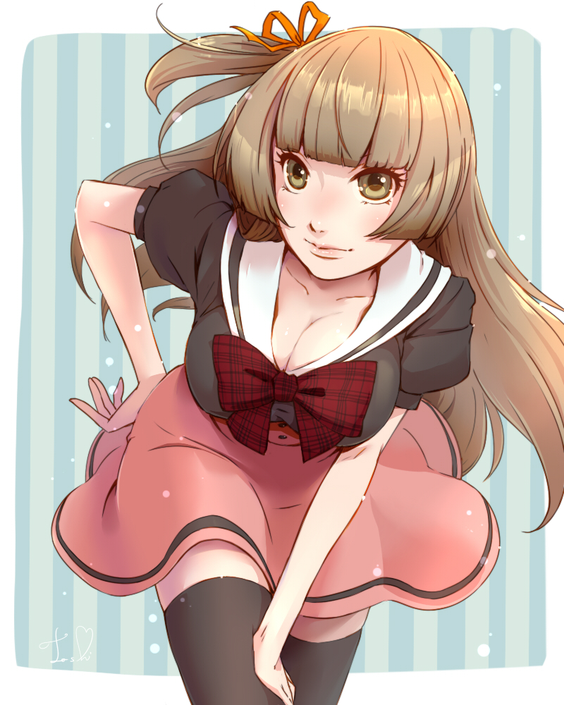 blunt_bangs, bow, breasts, brown_eyes, brown_hair, cleavage, hair_ribbon, hamimero.