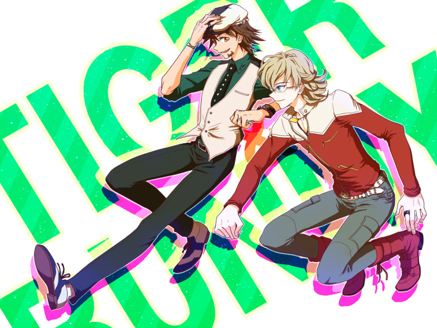 2boys, amehote, barnaby_brooks_jr, belt, blonde_hair, blue_eyes, boots, brown_eyes, brown_hair, cabbie_hat, facial_hair, glasses, hand_on_hat, hat, jacket, jewelry, kaburagi_t_kotetsu, male, multiple_boys, necklace, necktie, ring, short_hair, stubble, studded_belt, tiger_&amp;_bunny, vest, waistcoat, wedding_band