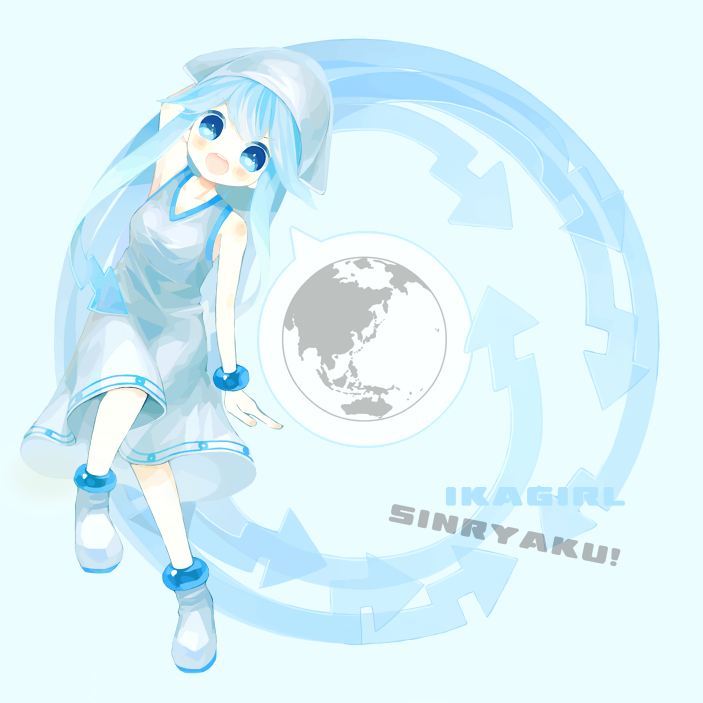 blue_hair, dress, earth, hat, ikamusume, long_hair, sasasasa, shinryaku!_ikamusume