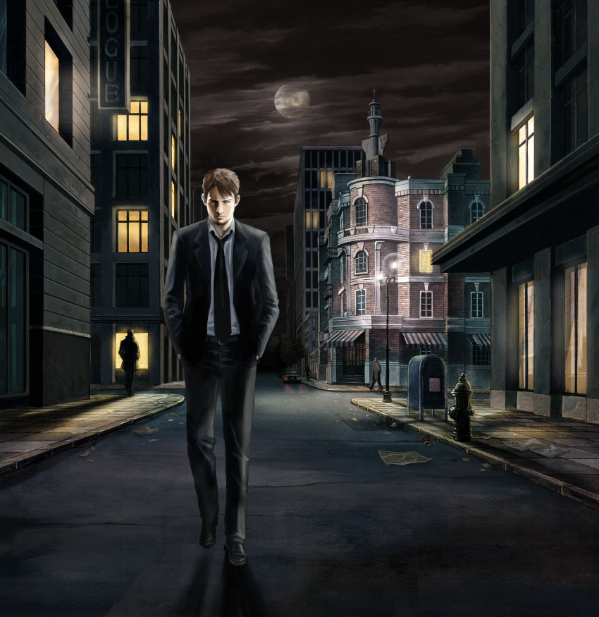brown_hair, cing, city, fire_hydrant, formal, highres, hotel_dusk, kyle_hyde
