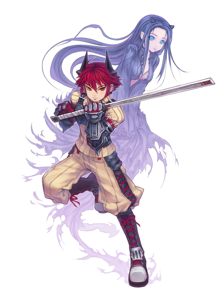 arin, blue_eyes, blue_hair, boots, breasts, gauntlets, ghost, highres
