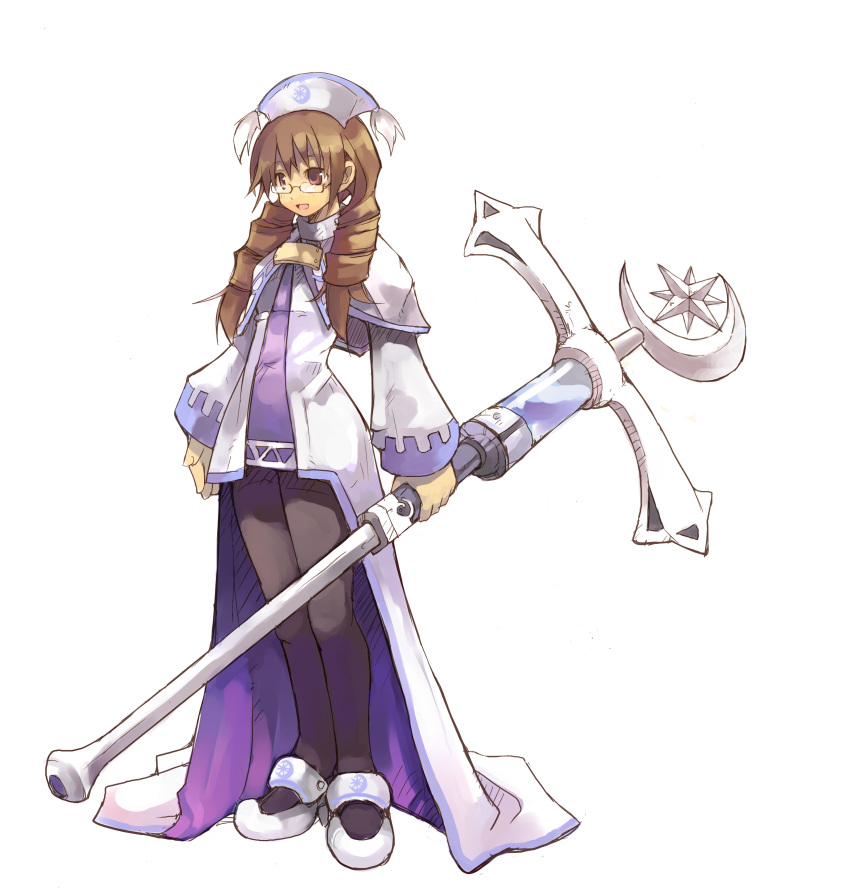 brown_eyes, brown_hair, cecille, drill_hair, highres, luminous_arc, nurse, official_art, pantyhose, robe, shibano_kaito, staff, twin_drills