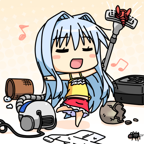 blush_stickers, broken, chibi, cleaning, closed_eyes, clothes_on_floor, cube_x_cursed_x_curious, eyes_closed