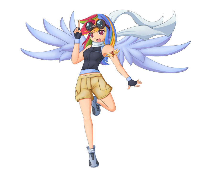 armlet, bare_shoulders, fingerless_gloves, gloves, goggles, goggles_on_head, highres, long_hair, my_little_pony, my_little_pony_friendship_is_magic, open_mouth, personification, rainbow_dash, rainbow_hair, red_eyes, scarf, seiryuga, shoes, shorts, smile, solo, transparent_background, wings