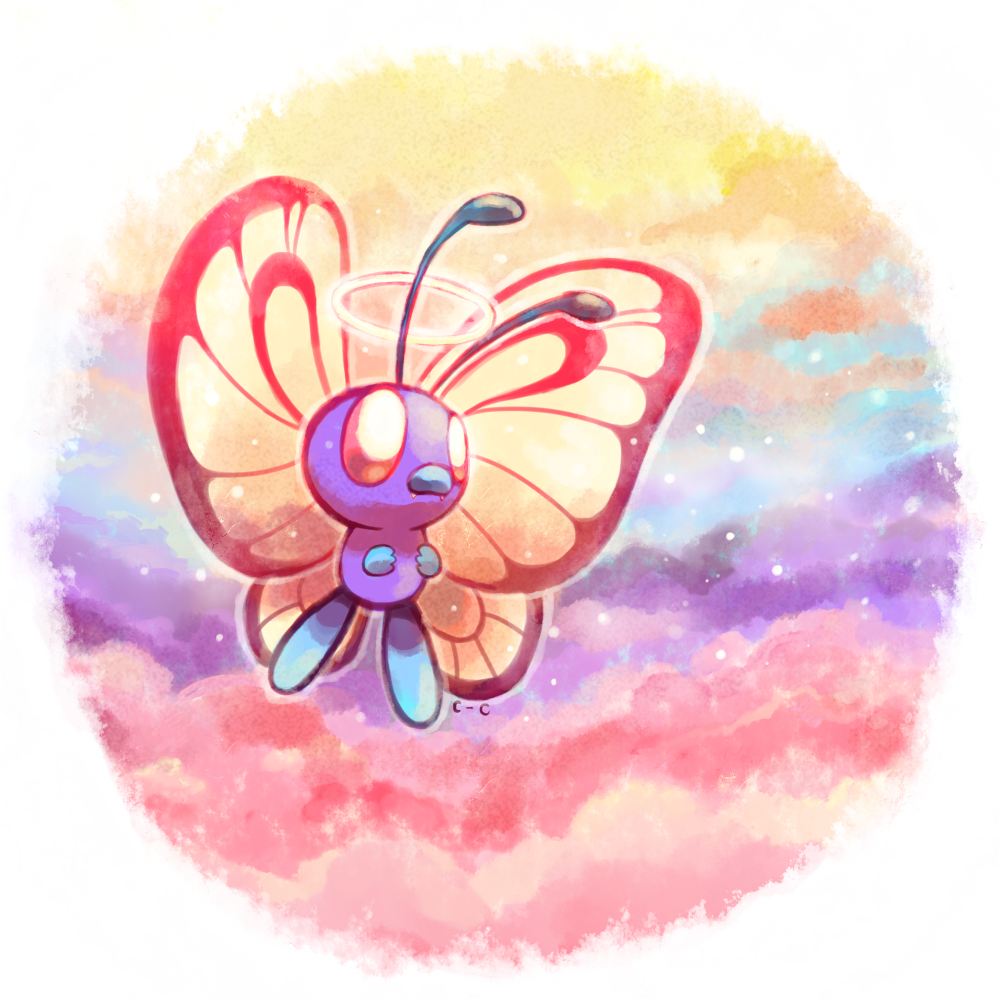antennae, butterfree, crayon-chewer, halo, no_humans, pokemon, pokemon_(creature), sky