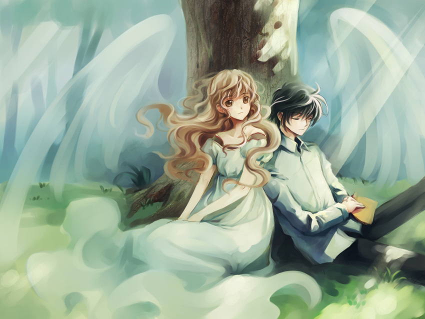 angel_wings, black_hair, blonde_hair, brown_eyes, closed_eyes, dress, eyes_closed, feng_you
