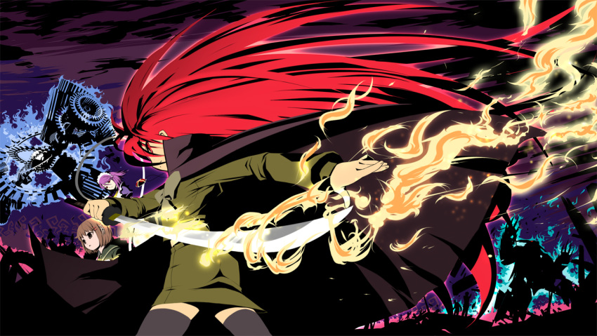 alastor, bel_peol, brown_eyes, brown_hair, cape, cloud, cloudy_sky, fire