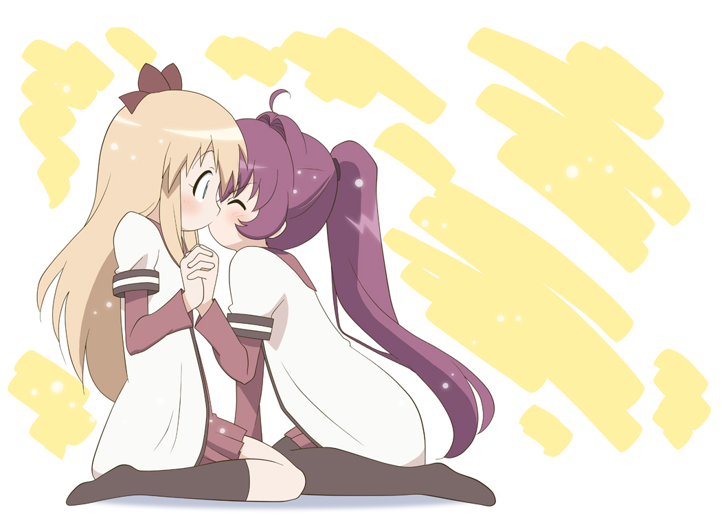 blonde_hair, blue_eyes, kiss, long_hair, purple_hair, seifuku, shirakawa_mayumi, sugiura_ayano