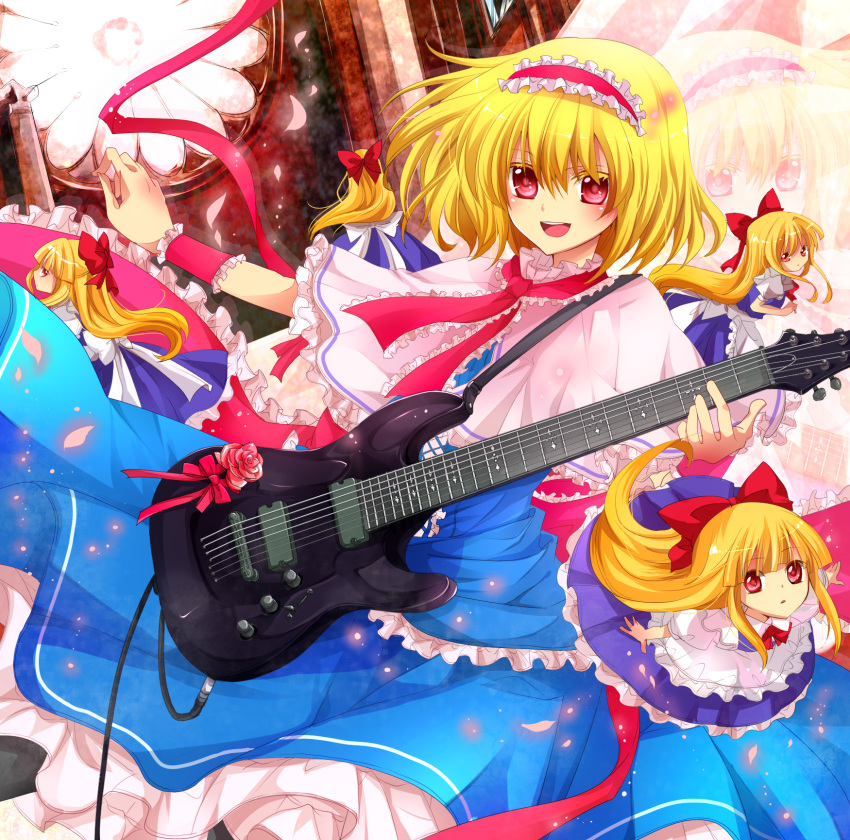 alice_margatroid, apron, black_legwear, blonde_hair, blue_dress, blush, bow, capelet