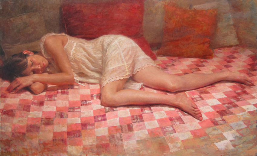 barefoot, dress, highres, lying, misawa_hiroshi, nightgown, oil_painting_(medium), on_side