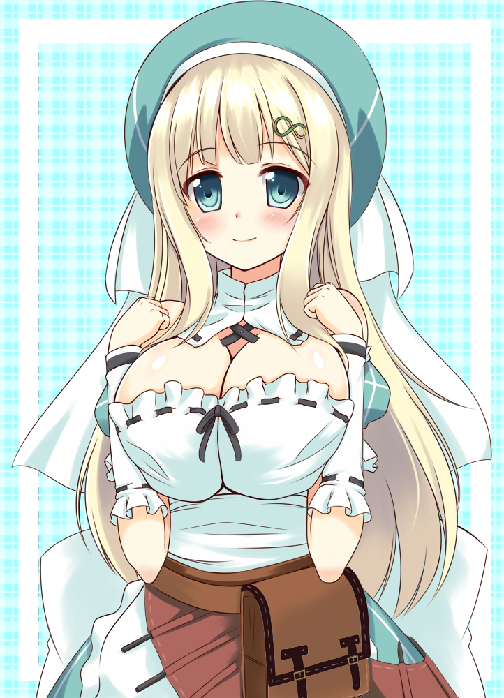 aqua_eyes, artist_request, bag, blonde_hair, blush, breasts, cleavage, detached_collar