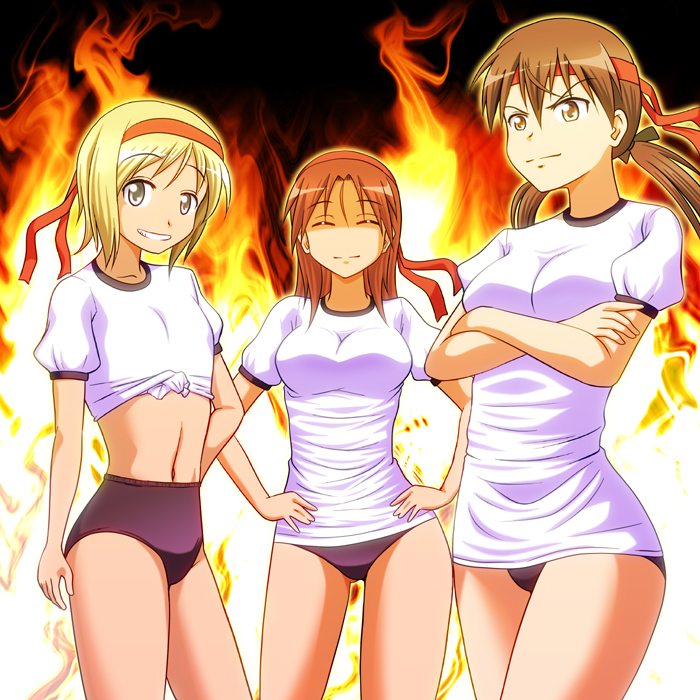 blue_eyes, brown_eyes, brown_hair, buruma, closed_eyes, crossed_arms, erica_hartmann, fire, gertrud_barkhorn, grin, gym_uniform, hands_on_hips, headband, hiro_yoshinaka, long_hair, minna-dietlinde_wilcke, navel, short_hair, smile, strike_witches, tied_shirt