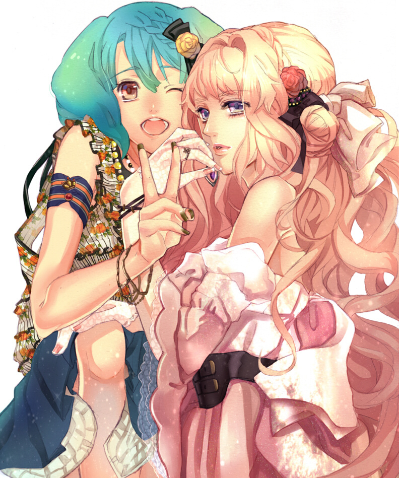 2girls, artist_request, blonde_hair, blue_hair, bracelet, dress, flower, green_hair, hair_flower, hair_ornament, jewelry, katsu_ryouji, long_hair, macross, macross_frontier, multiple_girls, nail_polish, open_mouth, ranka_lee, red_eyes, sheryl_nome, single_earring, source_request, v, wink
