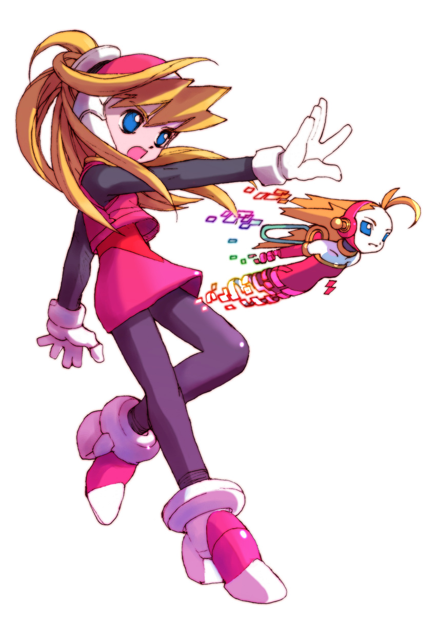 blonde_hair, blue_eyes, ciel_(mega_man), ciel_(rockman), cyber_elves, gloves, highres, leggings, mega_man_(series), mega_man_zero_(series), nakayama_tooru, official_art, rockman, rockman_zero