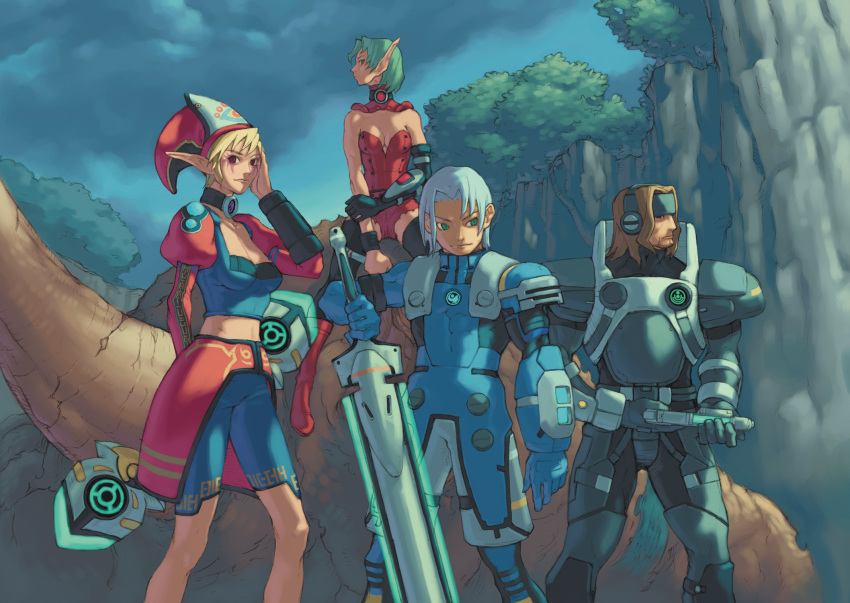 2girls, aqua_eyes, armor, bike_shorts, blonde_hair, bracelet, breasts, character_request, choker, cleavage, cloudy_sky, corpse, facepaint, facial_hair, fonewearl, gloves, goatee, green_hair, gun, hand_on_own_face, handgun, hat, headband, highres, hildebear, huge_weapon, humar, hunewearl, jewelry, long_sleeves, looking_at_viewer, midriff, multiple_boys, multiple_girls, nature, navel, official_art, phantasy_star, phantasy_star_online, pistol, pointy_ears, puffy_sleeves, ramar, red_eyes, short_hair, single_glove, sitting, skirt, sleeveless, standing, sword, wand, weapon