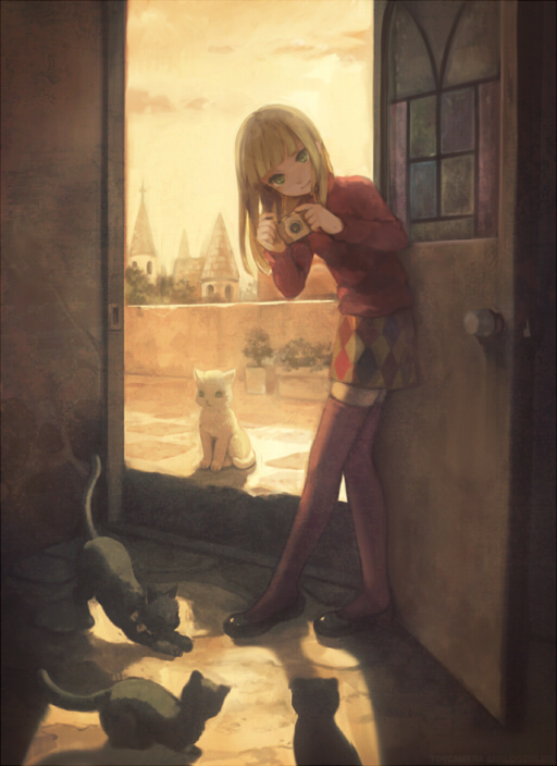 bangs, blonde_hair, blunt_bangs, camera, castle, cat, green_eyes, head_tilt