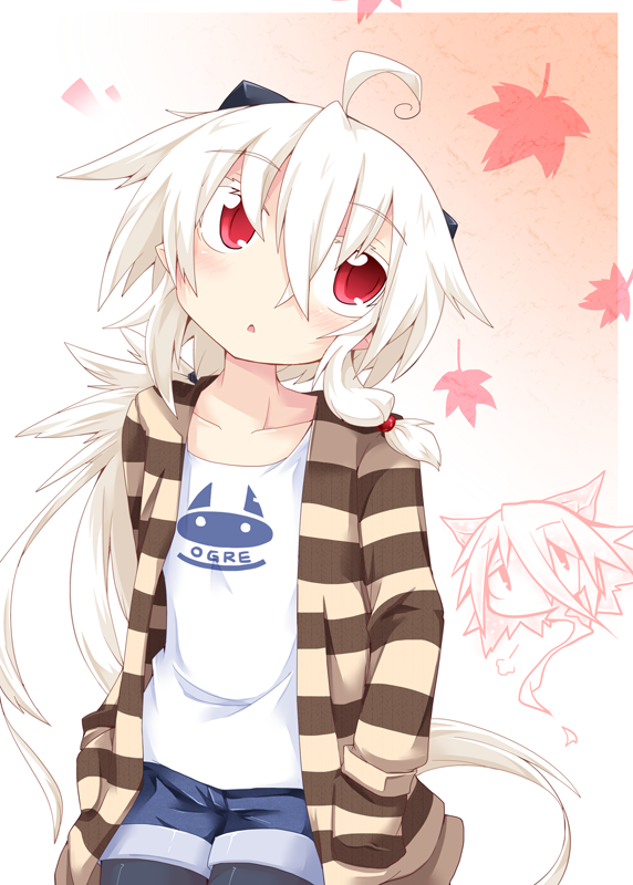 autumn_leaves, blush, clothes_writing, clothing_writing, ghost, head_tilt, long_hair, original