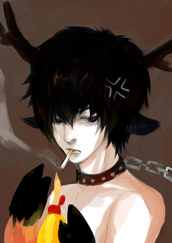 anger_vein, animal_ears, babyfoxcc, black_hair, chain, chains, cigarette, collar, gintama, hijikata_toushirou, hooves, horns, lighter, male, short_hair, smoke, smoking, solo, topless