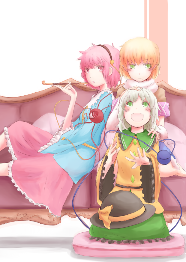:d, bad_id, blonde_hair, blush, couch, green_eyes, hairband, hand_on_head