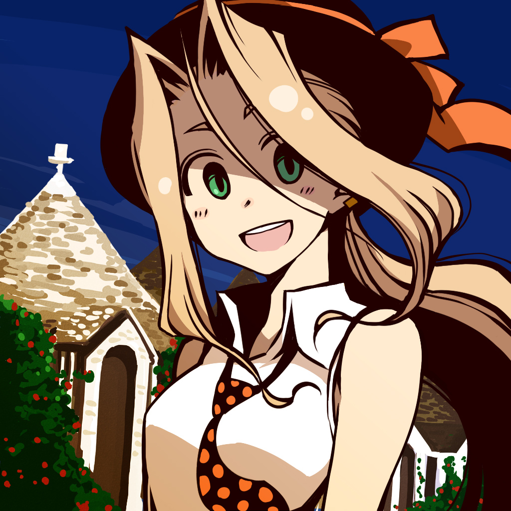 green_eyes, hat, kagami_no_machi_no_kaguya, kusanagi_tonbo, long_hair, necktie, otohime_(kagami_no_machi_no_kaguya), smile