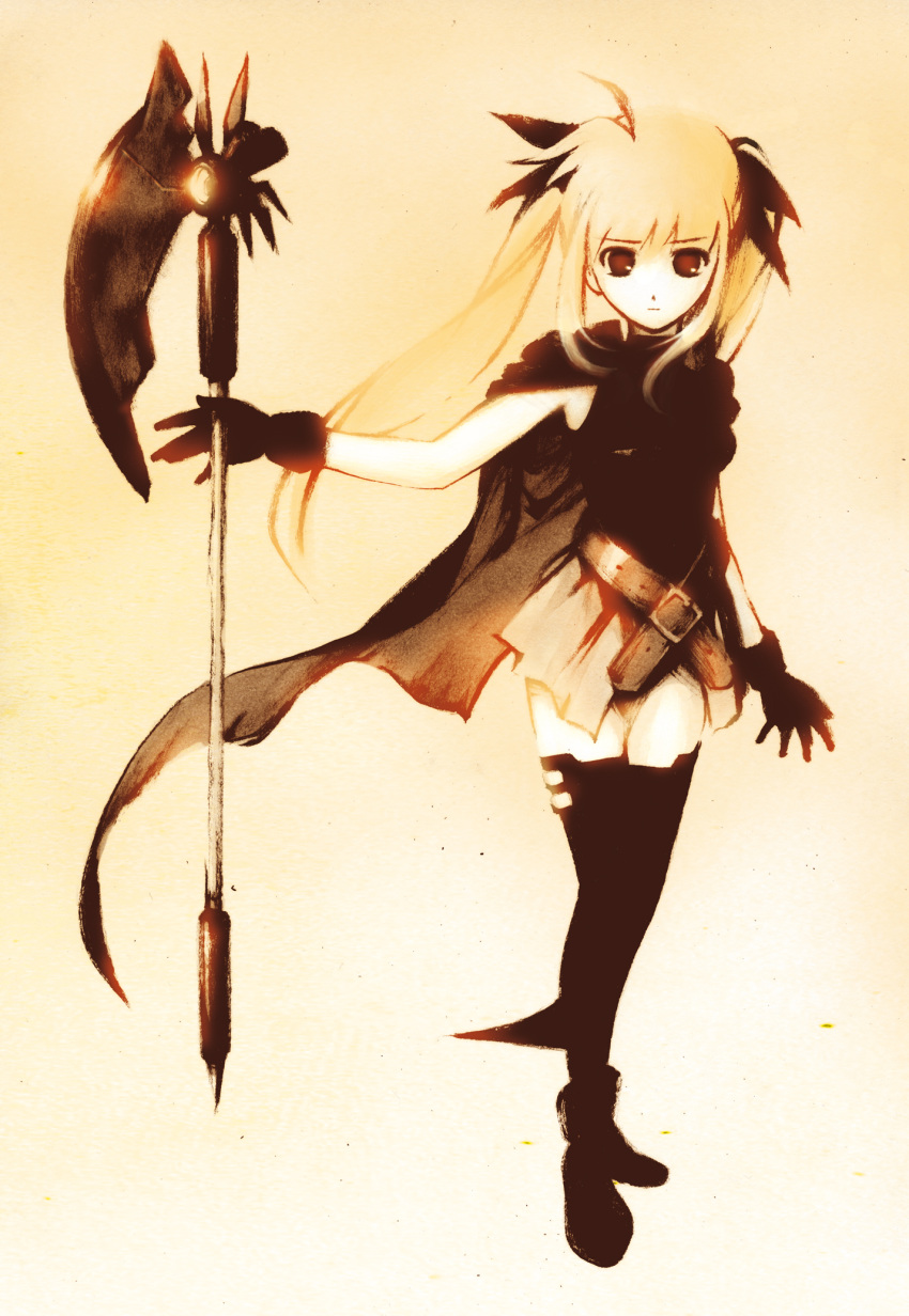 bad_id, bardiche, belt, blonde_hair, cape, fate_testarossa, hair_ribbon, highres