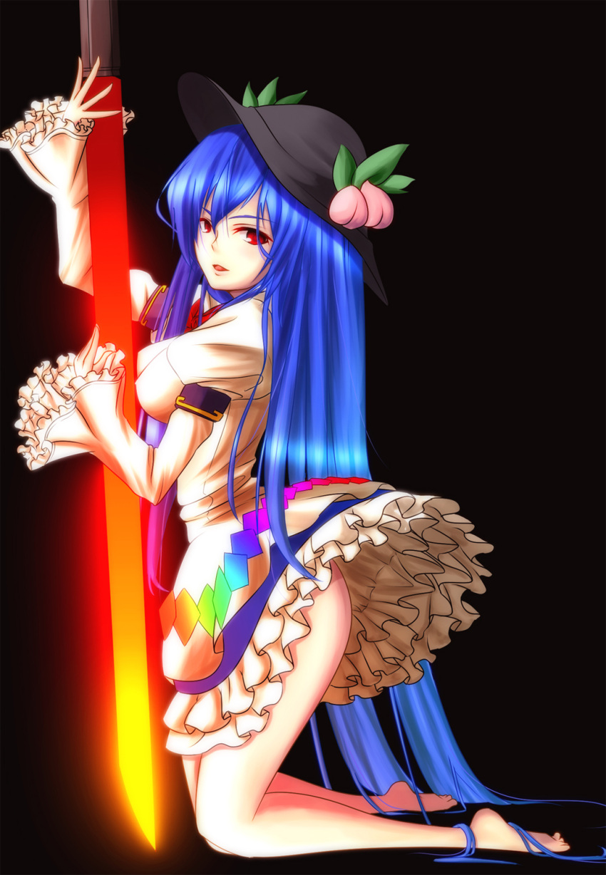 barefoot, looking_at_viewer, peach, red_eyes, simple_background, solo, sword, sword_of_hisou