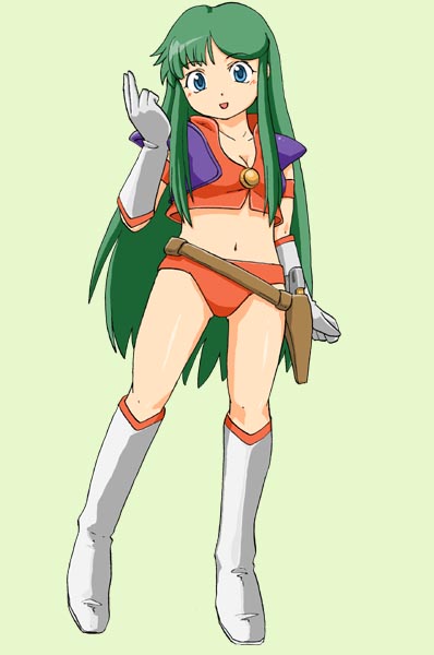 blue_eyes, blush, boots, gesture, gloves, green_hair, gun, holster, jacket, kirishima_reika, laughing, long_hair, midriff, nyomi, panties, saiba, simple_background, solo, time_gal, underwear, weapon