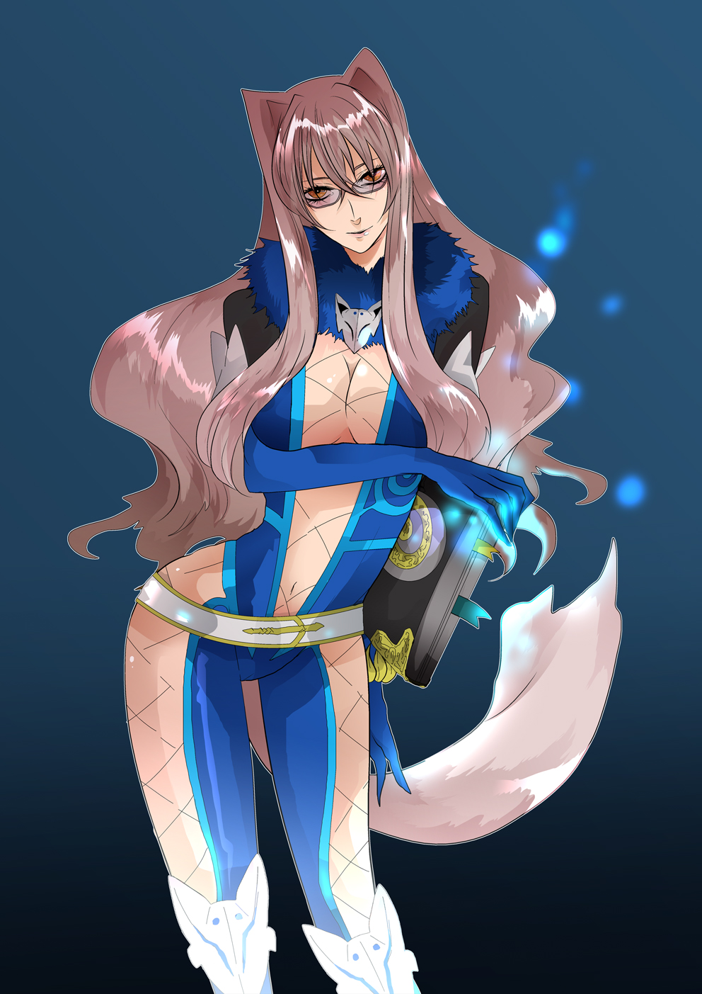 book, breasts, brown_eyes, brown_hair, cleavage, fur_trim, glasses, gloves, hair_intakes, highres, large_breasts, long_hair, midriff, moza, navel, preza, skin_tight, smile, solo, tail, tales_of_(series), tales_of_xillia