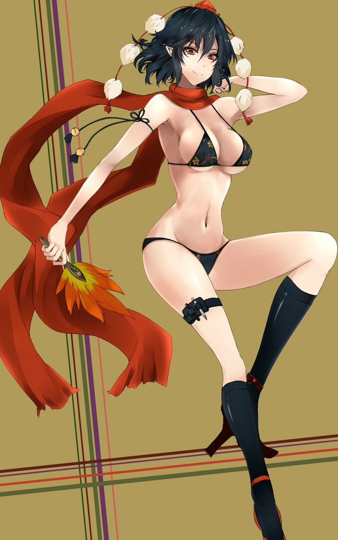 bikini, black_hair, black_legwear, boots, breasts, fan, geta, hat, holster, kneehighs, leaf, lingerie, looking_at_viewer, midriff, navel, panties, pointy_ears, red_eyes, scarf, shameimaru_aya, short_hair, smile, solo, swimsuit, takaharu, tengu-geta, thigh_holster, tokin_hat, touhou, under_boob, underboob, underwear