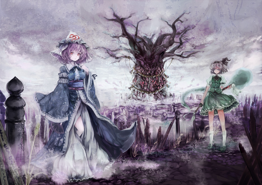 blue_dress, childofa, cloudy_sky, dress, ghost, graveyard, green_eyes, hair_ribbon, hat, katana, konpaku_youmu, konpaku_youmu_(ghost), multiple_girls, ofuda, pink_eyes, pink_hair, ribbon, saigyou_ayakashi, saigyouji_yuyuko, sash, seal, shirt, silver_hair, skirt, skirt_set, sword, touhou, tree, veil, weapon
