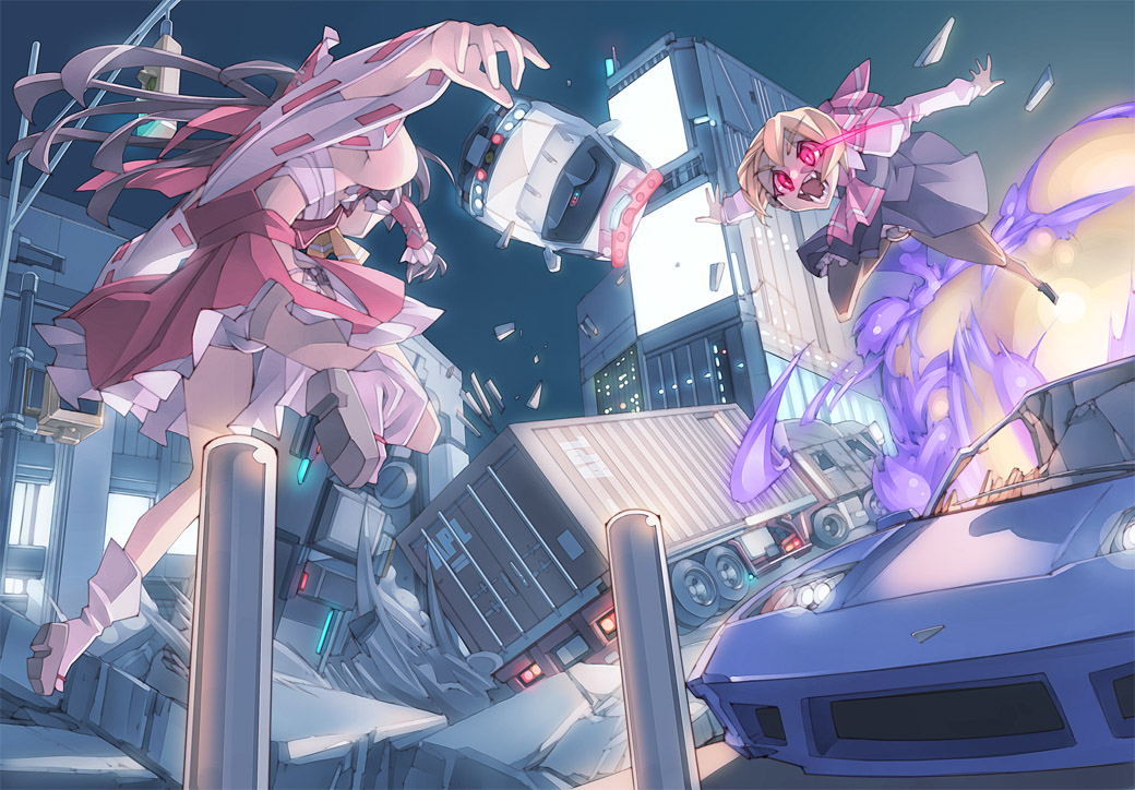 armpits, ascot, bandage, bandages, blonde_hair, bow, broken_ground, brown_hair