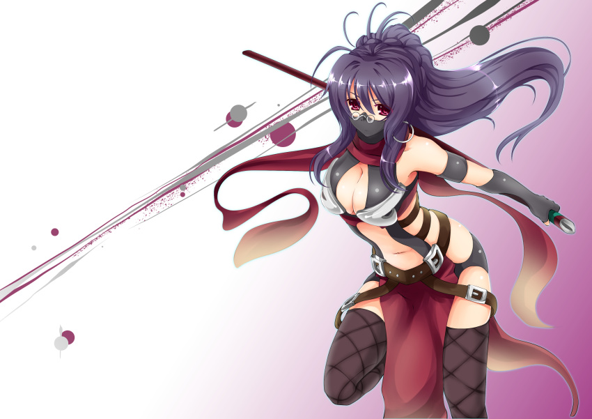 arm_strap, belt, black_legwear, breasts, cleavage, cleavage_cutout, earrings, elbow_gloves