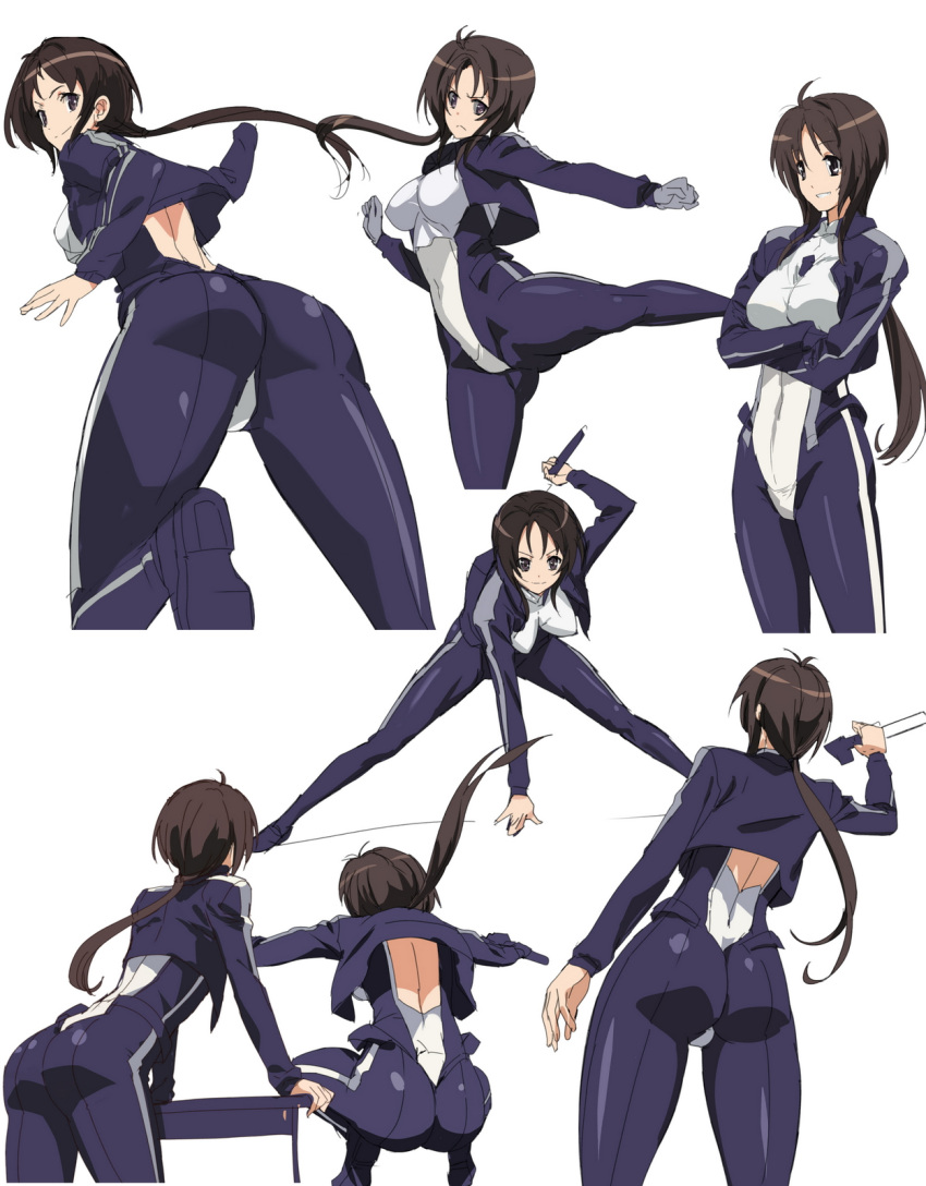 antenna_hair, bodysuit, breasts, brown_eyes, brown_hair, character_chart, crossed_arms, from_behind