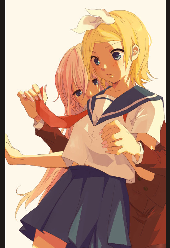 bad_id, blonde_hair, blue_eyes, blush, hair_ribbon, kagamine_rin, megurine_luka, pink_hair, ribbon, school_uniform, serafuku, short_hair, skirt, undressing, vocaloid, woka, yuri