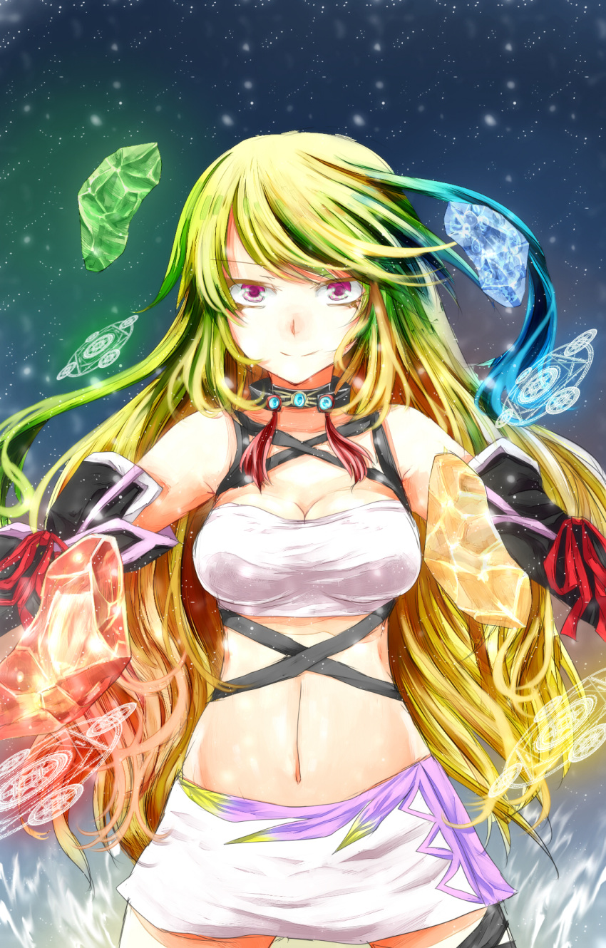 asano_tomoya, blonde_hair, breasts, choker, cleavage, colored_eyelashes, crystal, gloves