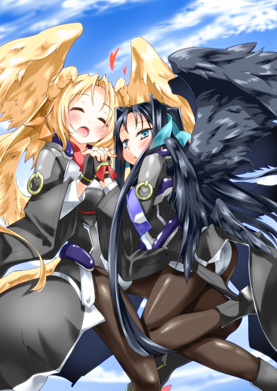 6feather, angel_wings, black_hair, black_wings, blonde_hair, blue_eyes, bodysuit, breasts