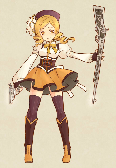 beret, blonde_hair, boots, corset, detached_sleeves, drill_hair, fingerless_gloves, gloves, gun, hair_ornament, handgun, hat, magical_girl, magical_musket, mahou_shoujo_madoka_magica, moon-and-calvados, pleated_skirt, puffy_sleeves, simple_background, skirt, solo, thigh-highs, thighhighs, tomoe_mami, twin_drills, vertical-striped_legwear, vertical_stripes, weapon, yellow_eyes, zettai_ryouiki