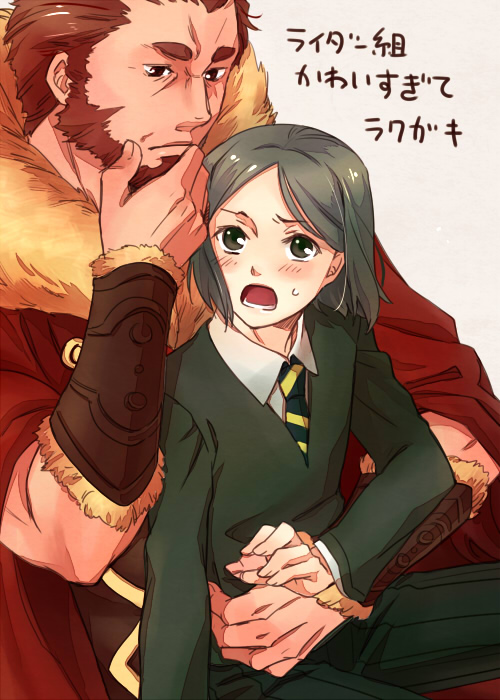 2boys, beard, black_hair, bob_cut, facial_hair, fate/stay_night, fate/zero, fate_(series)