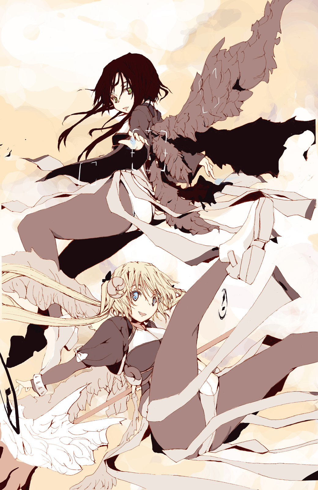 black_hair, black_wings, blonde_hair, blue_eyes, bodysuit, breasts, green_eyes, hafuri