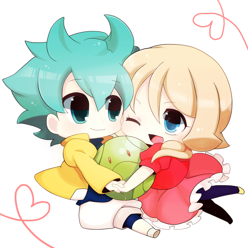 bad_id, blonde_hair, chibi, emily_armond, flit_asuno, frite_asuno, gundam, gundam_age, haro, heart, heart_of_string, hug, komatsuna, pantyhose, wink