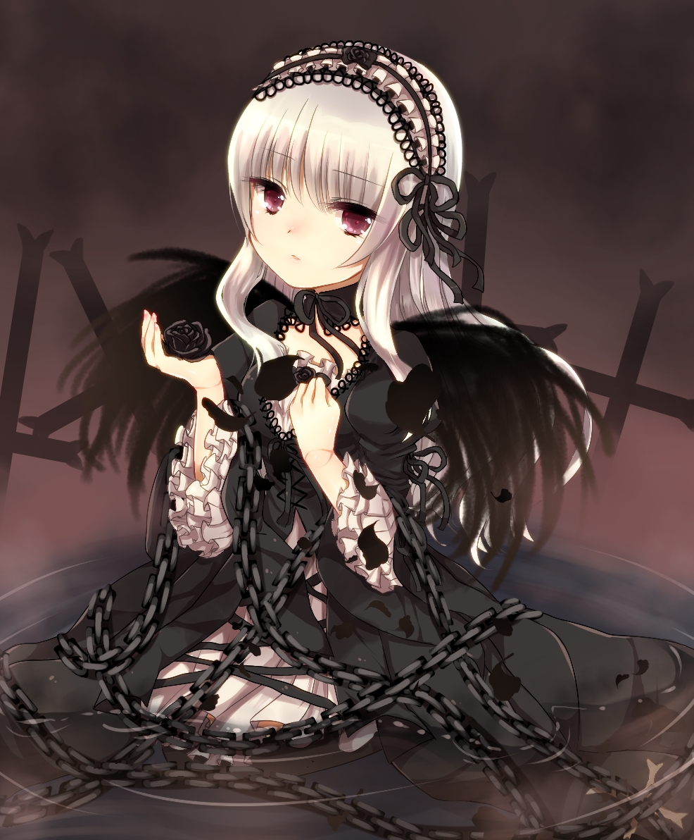 black_rose, black_rose_(flower), chain, chains, cross, dress, flower, frown