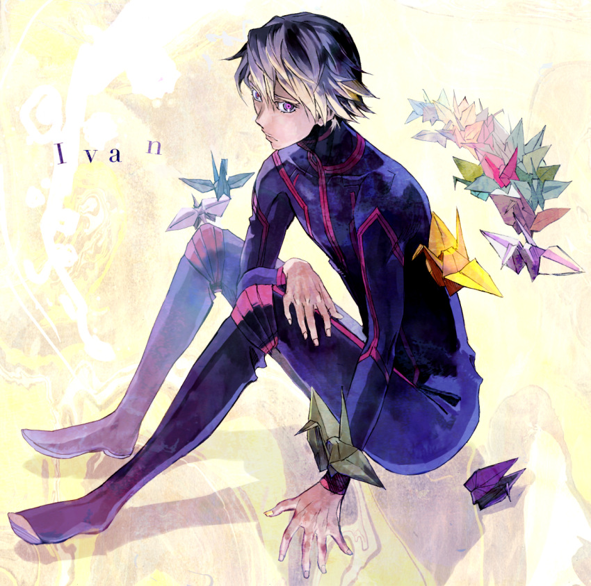 blonde_hair, bodysuit, ivan_karelin, male, nazu0925, origami, paper_crane, purple_eyes, short_hair, sitting, solo, tiger_&amp;_bunny, violet_eyes