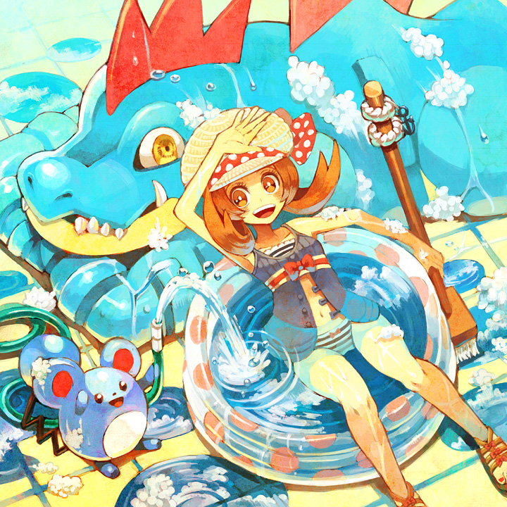 1girl, bikini, brown_hair, feraligatr, foam, hat, kotone_(pokemon), marill