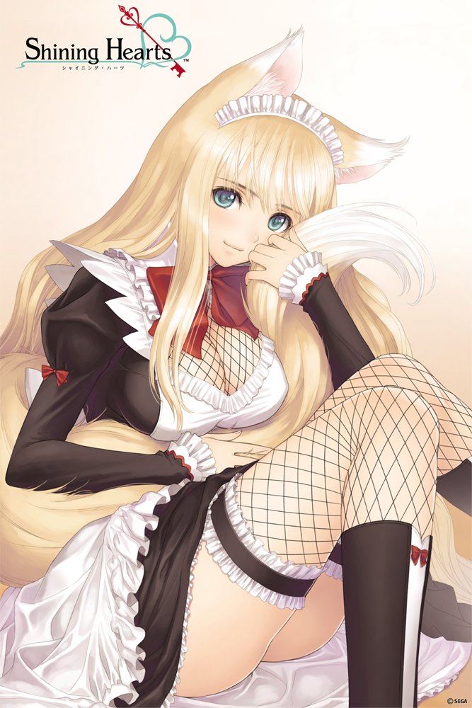 animal_ears, blonde_hair, boots, bow, breasts, cleavage, cleavage_cutout, fishnet_legwear