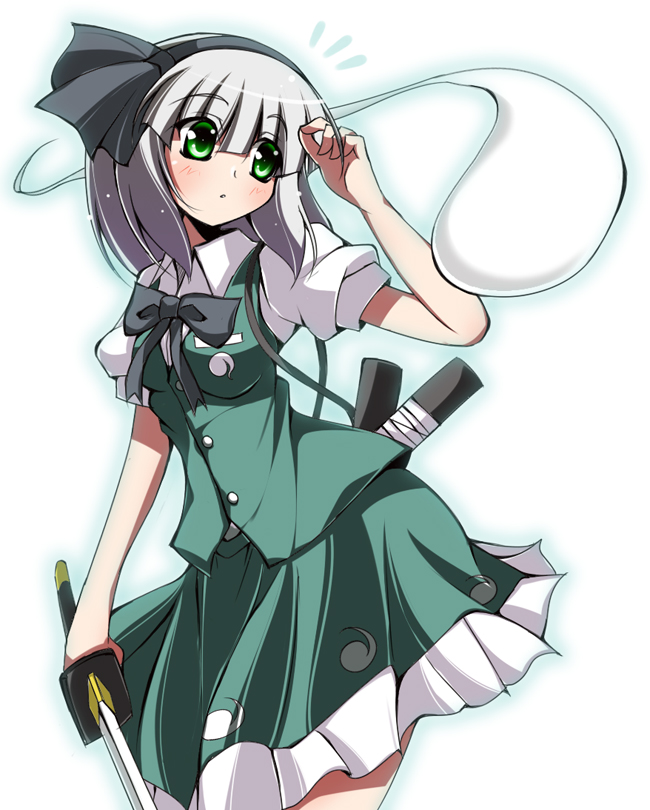 bow, bowtie, dress, dress_shirt, green_eyes, hair_bow, hairband, katana