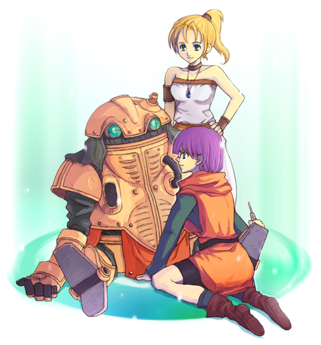 2girls, bare_shoulders, bike_shorts, blonde_hair, blue_eyes, boots, choker, chrono_trigger