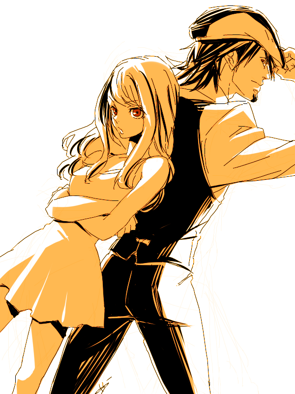 bare_shoulders, byon, cabbie_hat, dress, dutch_angle, facial_hair, hat, kaburagi_t_kotetsu